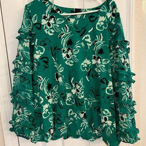 3XL Emerald Green Alfani blouse with Floral Pattern and Sheer Ruffled Sleeves